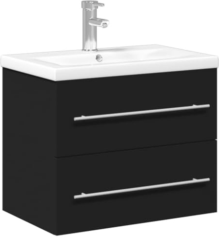 vidaXL Waschbeckenunterschrank mit Einbaubecken, Waschbeckenschrank mit viel Stauraum, Waschtisch Waschbecken Wandmontage mit Überlauf, Unterschrank Bad Möbel, Schwarz