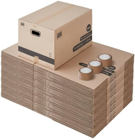 Pack and Move - Lot 60 cartons déménagement L larges - 40 x 60 x 40 cm - Poignées renforcées - 3 adhésifs offerts
