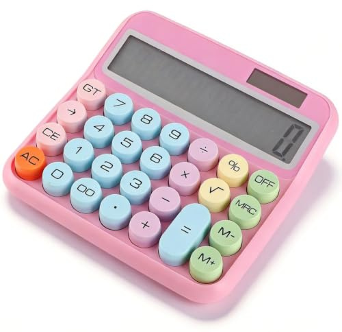 Rosa Tischrechner 12-stellig, Retro Rechner mit mechanischen Tasten | Großes LCD Display, klickende Mechaniktasten, rutschfeste Basis, ergonomisches Design für Schule Büro Zuhause
