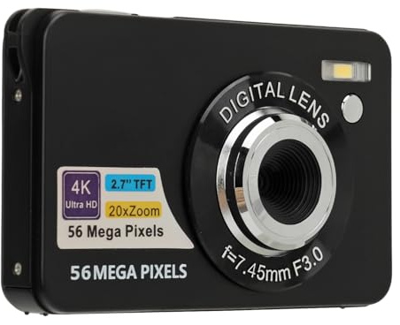 Digital Camera, 56MP 4K Video 20x Zoom, 2.7 inch LCD Screen, USB Cable, Compact, 128GB Storage, Black with for Travelling and Photography Enthusiasts (black)