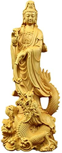 IUokLU Statue Figur Kuan Yin Avalokiteshvara Buddha Kwan Yin auf Drachen Guan Yin Buchsbaum Ornamente Dekoration