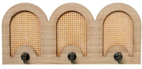 DRW Porte-manteau mural avec 3 crochets en métal, bois et rotin naturel 36 x 5 x 16 cm