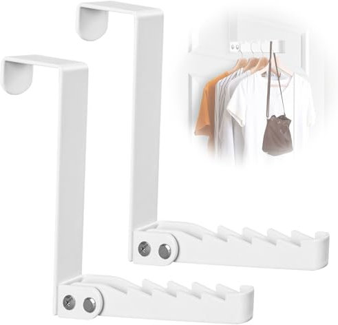 PRITOK 2-Piece Foldable Over Door Hanger With 5 Grooves - Collapsible Hooks for Clothes, Coats, Towels, Hats, Purses (White)