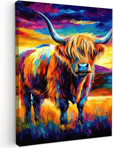 MuchoWow© Wandbilder 60x80 cm Wohnzimmer Wanddeko Schlafzimmer Zimmerdeko Wandgemälde Zimmer Deko auf Wand Dekoration Wall Art Schottische Hochlandrind - Kunst - Kuh - Tiere - Landschaft