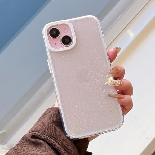 UEEBAI Glitter Case for iPhone 15, Clear Bling Case for Women Cute Shiny Phone Cover for Girls Pretty Candy Color Shockproof Girly Case - White