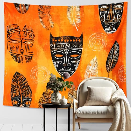 Afrikanische Masken, orangefarbener Wandteppich, Federn, böhmischer dekorativer Wandbehang, ethnischer Wandteppich, ästhetisch für Schlafzimmer, Wohnzimmer, Wohnheim, 152,4 x 203,2 cm