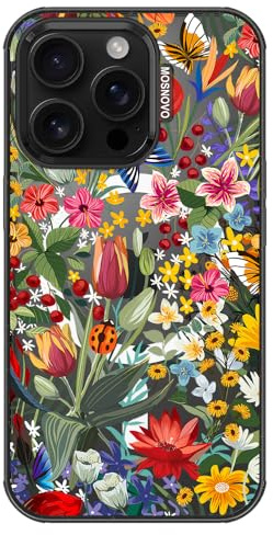 MOSNOVO for iPhone 16 Pro Case, Fit for MagSafe, Military-Grade Drop Protection, Shockproof Bumper, Cute Women Girl Magnetic Floral Phone Case for iPhone 16 Pro, In The Garden/Black