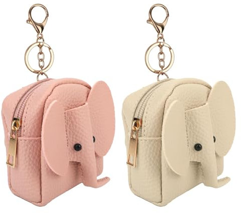 2stk Mini Rucksack Schlüsselanhänger, Elefanten-Mini-Rucksack Münzbörse PU-Leder Kleine Kosmetiktaschen Damen Reißverschlusstasche Schlüsselanhänger-Organizer Münzen Lippenstift (Pink, Beige)