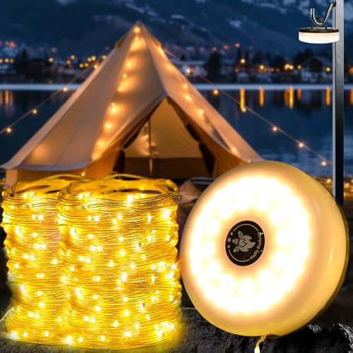 LuJasi Camping Lichterkette Aufrollbar 10M, Tragbare USB Wiederaufladbare Campinglampe 2000mAH Taschenlampe Wasserdichte Outdoor Lichterkette Magnetisch für Außen Zelt Wander Hof Deko