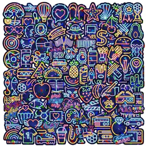 ECZOIL 100Pcs Neon Style Stickers, Cool Graffiti Shiny Laser Sticker for Adults Children Teens, Waterproof Vinyl Stickers for Scrapbooking Laptop Suitcase Journal Water Bottles-Neon
