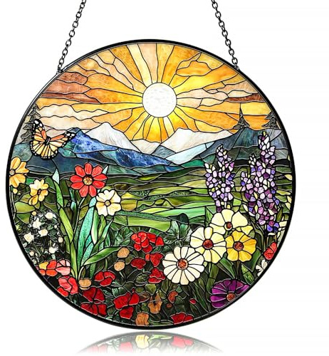 Mountain Wildflowers Stained Glass Suncatcher for Windows - Vibrant Sun Catchers Indoor Hanging Decor, Nature-Inspired Gift for Plant Lovers, Housewarming, New Home, Birthday or Holiday Celebration