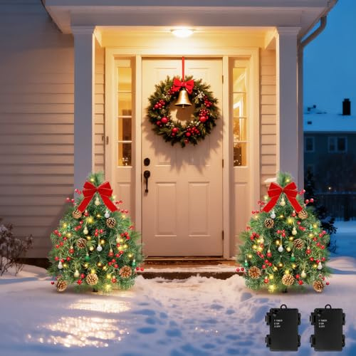 Lewondr 2 PCS Prelit Weihnachtsbäume Wegeleuchte, 27,56 Weihnachtsbaum Lampe Außen mit 50 LED Lichtern, Tannenzapfen & Rot Beeren, Batteriebetrieben Weihnachtsdeko für Garten Haus Hof Outdoor, Grün