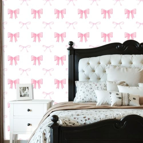 DERUINVAIO Peel and Stick Wallpaper Cute Pink Checkered Bows Watercolor Seamless White for Children Removable Wallpaper Contact Paper for Living Room Bedroom Bathroom Kitchen Countertop 60cm x 300cm