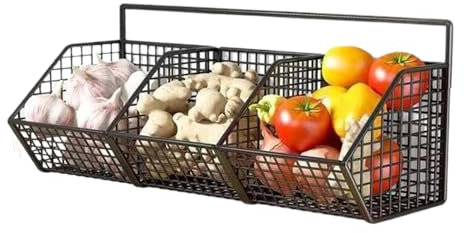 Frutero de metal – Verduras para estante de encimera de cocina | Frutero de 3 compartimentos, cesta de verduras de pared para ajo, cebolla y patatas en la cocina y de