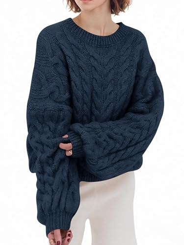 Saodimallsu Maglione da donna, oversize, girocollo, a maniche lunghe, motivo a treccia, maglia grossa, tinta unita, casual, per l'inverno