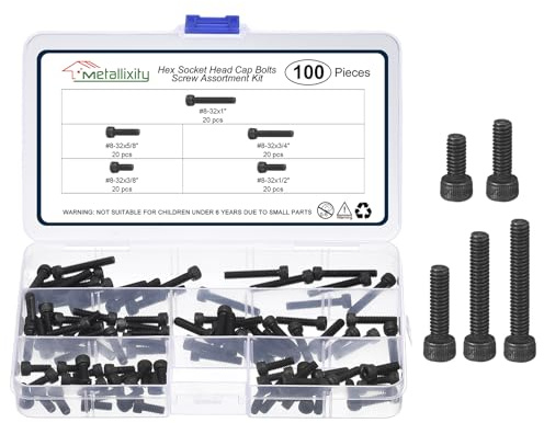 METALLIXITY Hex Socket Head Screws Kit (#8-32) 100Pcs, Carbon Steel Allen Socket Drive Metric Black Oxide - Machine Internal Hex Screw, Black | Allen Socket Drive Metric Black Oxide - Machine Internal Hex Screw Black