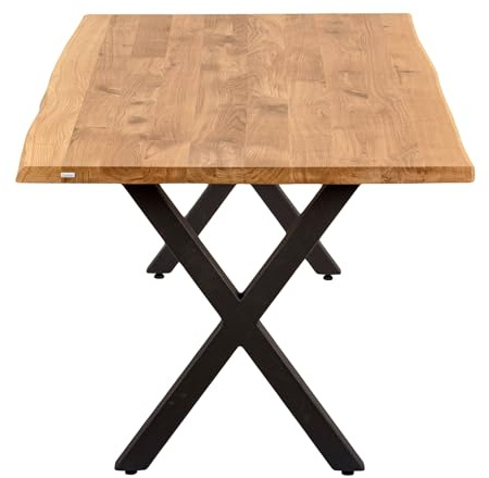 ABL HOLZ-ZENTRALE Massivholztisch Eiche 180x85 cm mit Baumkante – Esszimmertisch mit 4 cm Tischplatte & X-Gestell aus Metall – moderner Esstisch, handgefertigt, Natürlich geölt