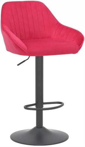 Lamboro Velluto Velvet Kitchen & Breakfast Bar Stool, Height Adjustable Swivel Gas Lift, Padded Seat & Backrest, Matt Black Footrest, Red