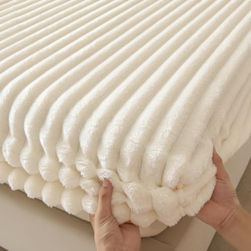Highdi Spannbettlaken Vier Jahreszeiten, Winter Warm Plüsch Spannbetttücher Spannbetttuch, Weiche Spannleintuch Bettlaken für Hohe Matratze Steghöhe 28cm (weiß,90x200cm)