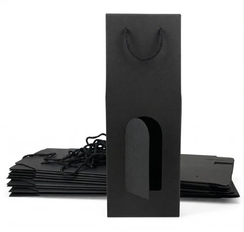 Emartbuy Black Kraft Bottle Gift Bag with Window & Rope Handle – Luxury Gift Packaging for Wine & Champagne – Size 36 x 12 x 9 cm – Pack of 12