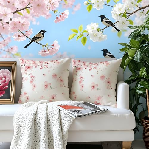 Gnoxaris Outdoor Kissenbezug Wasserfest Outdoor Kissen Wetterfest Dekorative Gartenkissen 45x45 cm Pastellfarbene Kirschblüten Wasserdicht Kissenbezüge 2er Set für Garten Sofa Wohnzimmer Bett