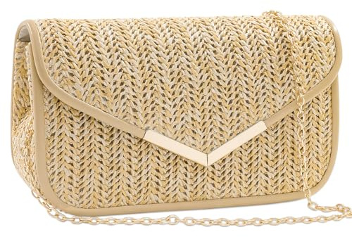 Toptime Pochettes et Clutches Femme en Paille, Enveloppe Sac a Main Femme Bandoulières Ete de Plage avce Chaîne, Bohèmes Tissé Pochette Ceremonie Mariage avec Bordure en Cuir pour Vacances Prom Parti
