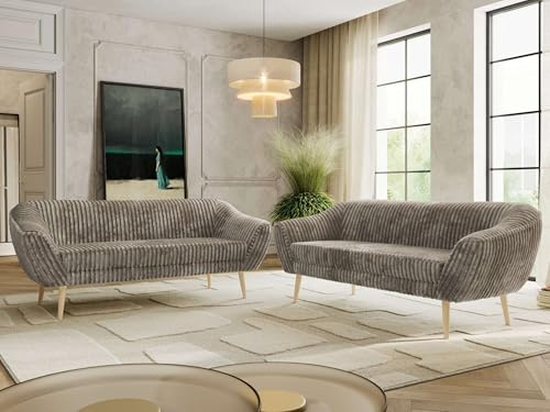 MKS MEBLE Sofagarnitur PIRS 3 + 3 - Couchgarnitur im skandinavischen Design, Gesteppte Polsterung, Wellenfederung, Wohnzimmer Sofa Set - Buche Beine, Hellbraun Cord