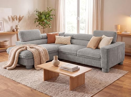BROMARKT Ecksofa mit Schlaffunktion und Bettkasten L-Form Links Hellgrau | Wohnlandschaft mit Stauraum und verstellbaren Kopfstützen Eckcouch Sofa Sofabett mit Kissen Freistehend Cord Sofabed CAVELLO