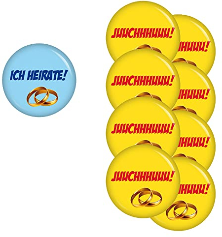 Button Set Ich heirate/ Juuchhhuuu! für JGA Junggesellenabschied Junggesellinnenabschied Zubehör Anhänger Anstecker Broschebutton Accessoires (SET 3: 9 Buttons, 9x 56mm)