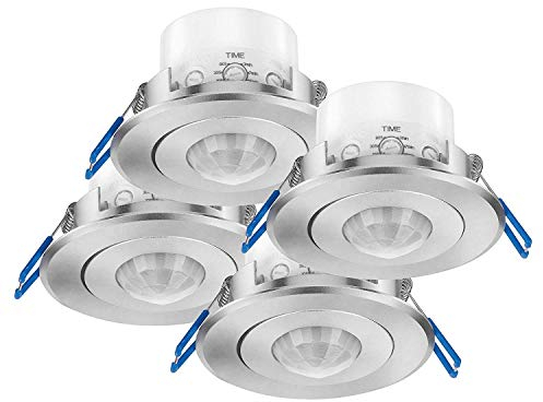 conecto Infrarot Bewegungsmelder Decke innen Einbau Unterputz Deckenmontage schwenkbar LED 360° Lichtsteuerung IP20 (4er Set), Silber Aluminium