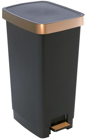 SUNDIS Ring Bin, Mülleimer 40l mit Pedal, Sanft schließender Deckel, aus recyceltem Kunststoff, rechteckig, schwarz und kupfer, mit Henkeln zum Aufhängen und Verstecken der Tasche, für Küche, Büro