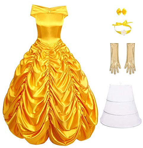 IMEKIS Belle Abito da Donna off Spalla Abito da Festa di Nozze Bella e la Bestia Gonna Lungo Principessa Fiaba Vestire Carnevale Cosplay Vestiti da Set Classico Adulto Costume Giallo M