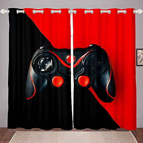 Loussiesd Boys Games Room Curtain Red Black Gaming Console Curtain for Bedroom Video Game Gamepad Window for Kids Girls Teens Modern Gamer Controller Drape, W46*L54