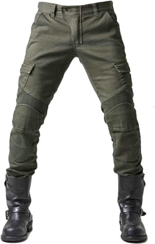 Fashionapple Pantalones de protección para Hombre, Moto, Vaqueros, Transpirables, Protectores extraíbles, para Carreras, Bicicleta (Ejército Verde, M)
