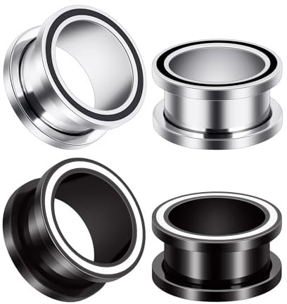 Longbeauty 4er Set Edelstahl Flesh Tunnel 316L Ohrtunnel Fleshtunnel Plugs Ohr Piercing Schmuck mit Schraubverschluss Schwarz Silber Herren Damen Expander Dehnschmuck, 14mm