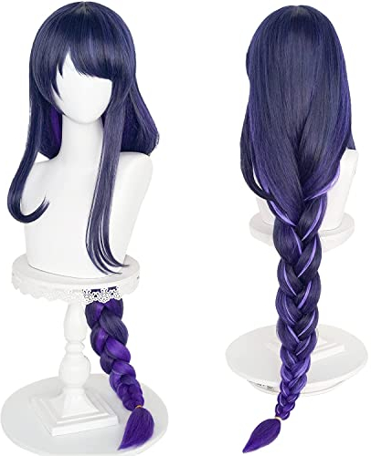 GZIRUE Farbverlauf Dunkelviolette Lange Geflochtene Haar Zöpfe Perücke für Baal Raiden Shogun Wig Cosplay Anime Kostüm mit Perücke Kappe Wig Cap