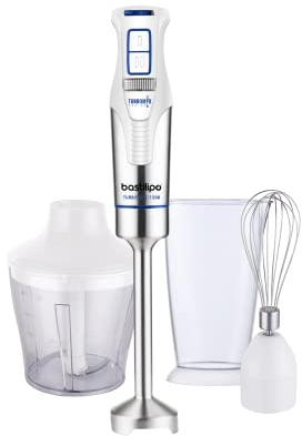 Bastilipo - Batidora de brazo con accesorios de 1200W, 4 cuchillas de acero, color blanco/acero, TURBOMIX-1200ACC