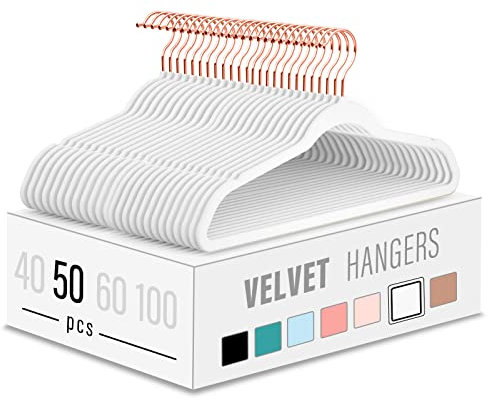 Samt-Kleiderbügel (50 Stück), robust, langlebig, Kleiderbügel, lebendige Farben, leicht, platzsparend, Kleiderbügel für Schrank, Weiß/Roségold
