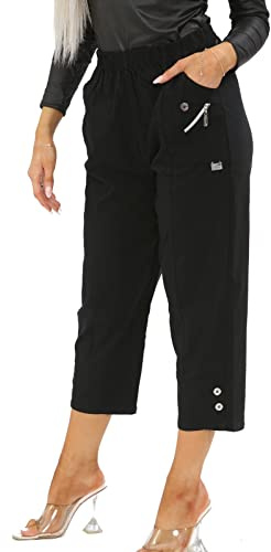 AFR Women Capri Trousers Cropped Pants Ladies 3/4 Three Quarter Length Stretch Pull On Elasticated UK Size 10-24 (Black, 14)