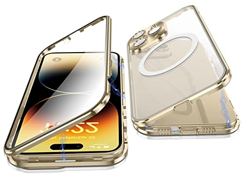 Jonwelsy Hülle für iPhone 14 Pro, 360 Grad Beidseitig Schutz Kompatibel mit Magsafe Magnetische Adsorption Metallrahmen Case Vorne Glas Hinten Frosted PC Cover Handyhülle für 14 Pro 6,1 (Gold)