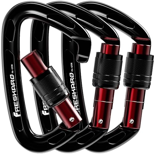 FresKaro 4inches Climbing Carabiner Clips, UIAA Certified 25kN Screw Locking Carabiners, Made of 7075 Aluminium, Lightweight, Rust-Proof and Heavy Duty, for Rappelling, Hiking etc, Black, 3pcs