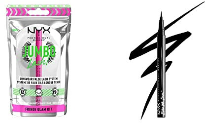 NYX Professional Makeup Système de Faux-Cils, Longue Tenue 12h, Bandes Invisibles, Réutilisables jusqu'à 15x,Vegan, Jumbo Lash! Set, Fringe Glam Kit & Eyeliner Feutre Epic Ink Liner, Waterproof, Black