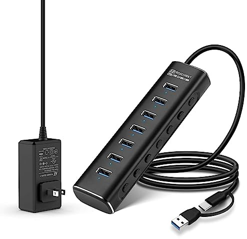 Rosonway Powered USB Hub, 7 Ports USB 3.2 Gen 2/Usb C Hub 10Gbps With 3.3Ft USB-A/USB-C Data Cable, Individual Switches And 24W Power Adapter, Aluminum USB Hub For Laptop And PC, Rsh-A107
