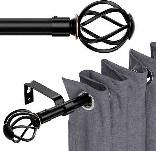 gardinenstange schwarz 68 to 222 cm mit gedrehten Käfigendstücken, wandmontage schwarze matt gardinenstangen set, Metall 16mm gardinenstange 2.2m lang, gardinenstange für outdoor wetterfest