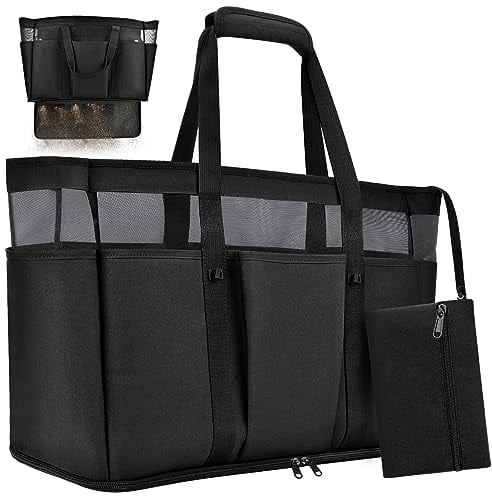 BTNEEU Grande Sac de Plage XXL Famille 45L Pliable 50x35x20cm Multi-Poche Nylon avec Fermeture Éclair et Poche Intérieure - Rangement pour Jouets, Courses, Voyage Weekend (Noir)
