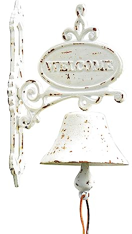 Sungmor Cast Iron Dinner Bell - Rustic White Wall Hanging Welcome Sign, Vintage Style Farmhouse Outside Door Bell, Decorative Manually Shaking Doorbell, Indoor Outdoor Wall Mounted