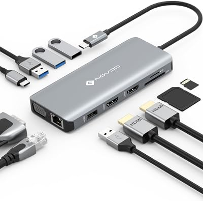 NOVOO Docking Station 11 en 1, Hub USB C Double HDMI, Multiport Dock USB C vers USB x 4, PD 100W, Gigabit Ethernet, Lecteur de Carte SD/TF, Station d'accueil pour MacBook Air Pro HP Dell XPS