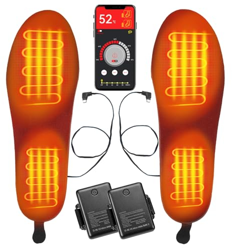 KEMIMOTO Beheizbare Einlegesohlen mit APP Steuerung, 5V 5000mAh Beheizte Einlegesohlen mit Akku, Fernbedienung, Wiederaufladbare Thermosohlen Herren Damen, für Ski, Jagd, Wandern, Camping, Outdoor