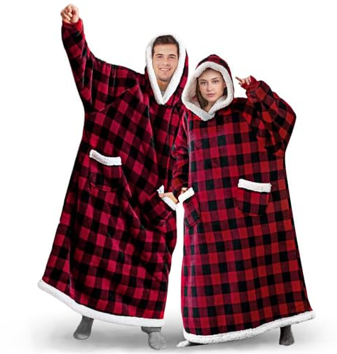 BTONGE Übergroße Hoodie Decke, Blanket Hoodie, Damen Herren Flanell Sherpa Warme Komfortable Kuschel Pullover Mit Ärmel Tragbar Ganzkörperdecke, Geeignet für Erwachsene, Jugendliche Rot Kariert