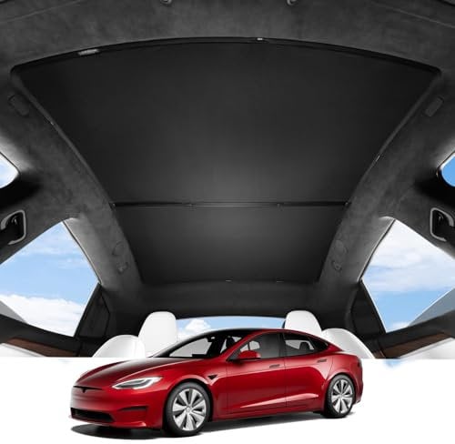 BASENOR 2025 2024 2023 2022 Tesla Model S/Model S Plaid Glass Roof Sunshade UV Rays Protection Foldable Sunroof Sunshade Top Window Sun Shades for Tesla Model S Heat Isolate Split Type Upgraded Black